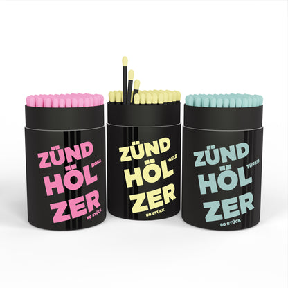 3er Set farbiger Zündhölzer von Flundertje in schwarzen Pappdosen