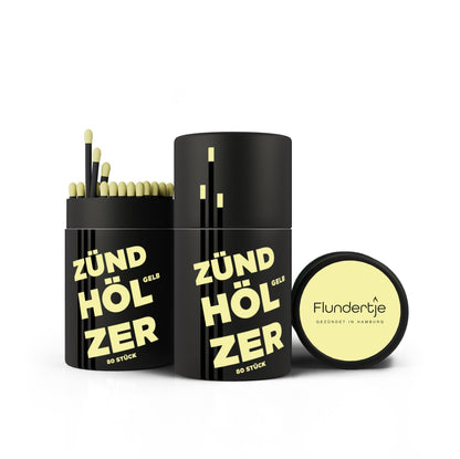 Zündhölzer mit gelben Köpfen und schwarzem Holz in schwarzer Pappdose von Flundertje