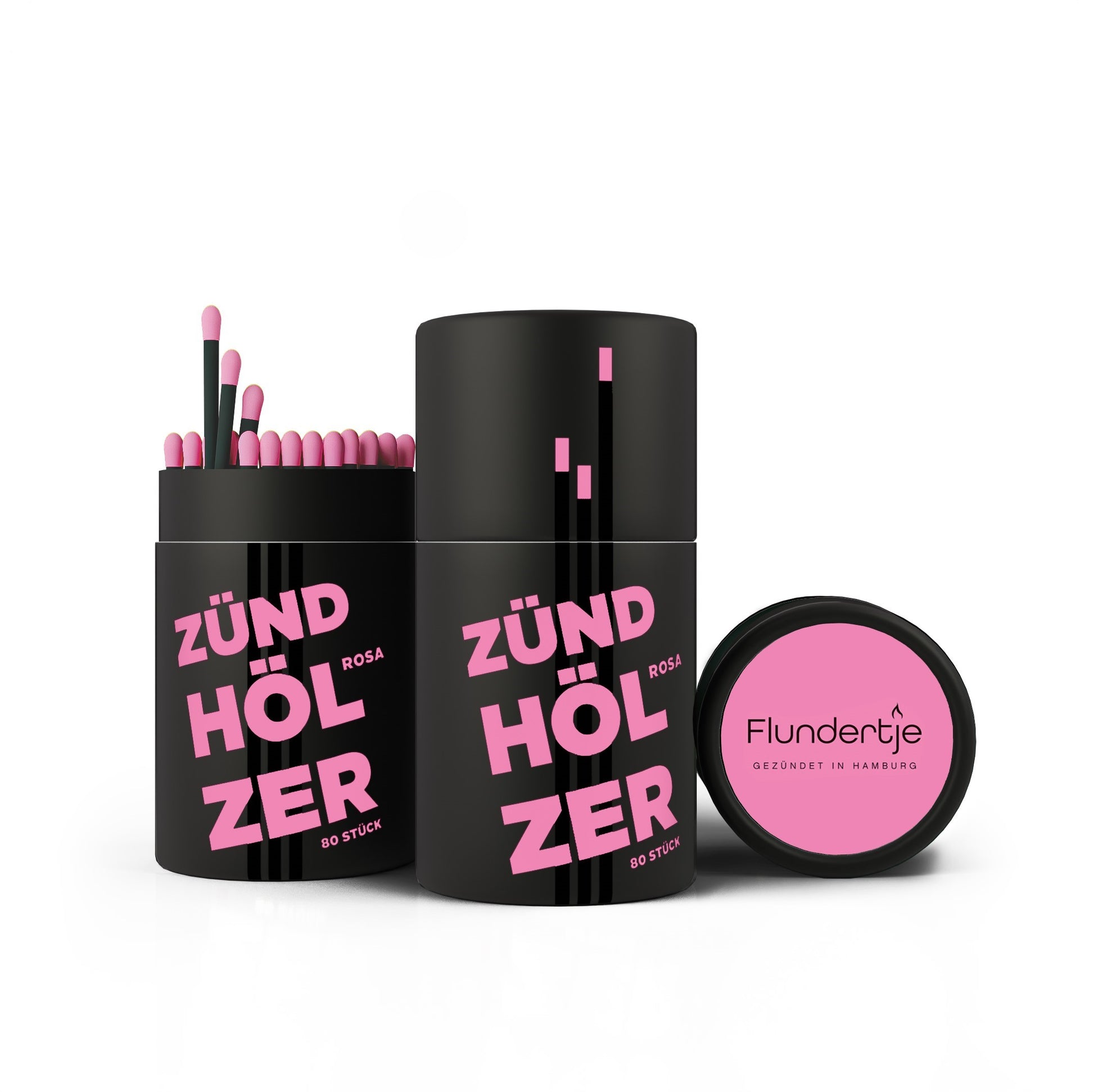Zündhölzer mit rosa Köpfen und schwarzem Holz in schwarzer Pappdose von Flundertje