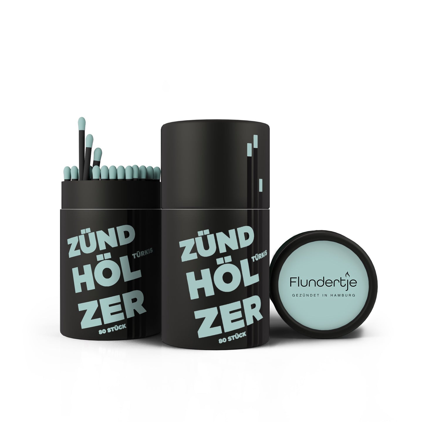 Streichhölzer mit türkisen Köpfen und schwarzem Holz in schwarzer Pappdose von Flundertje