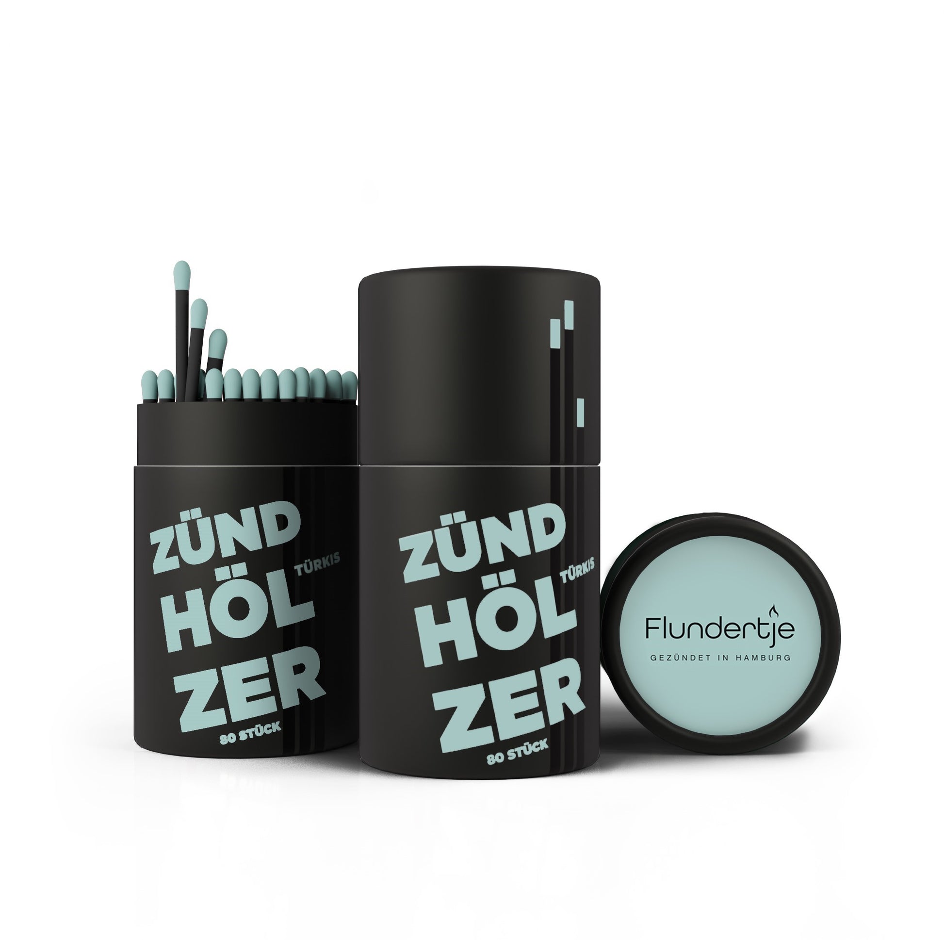 Streichhölzer mit türkisen Köpfen und schwarzem Holz in schwarzer Pappdose von Flundertje